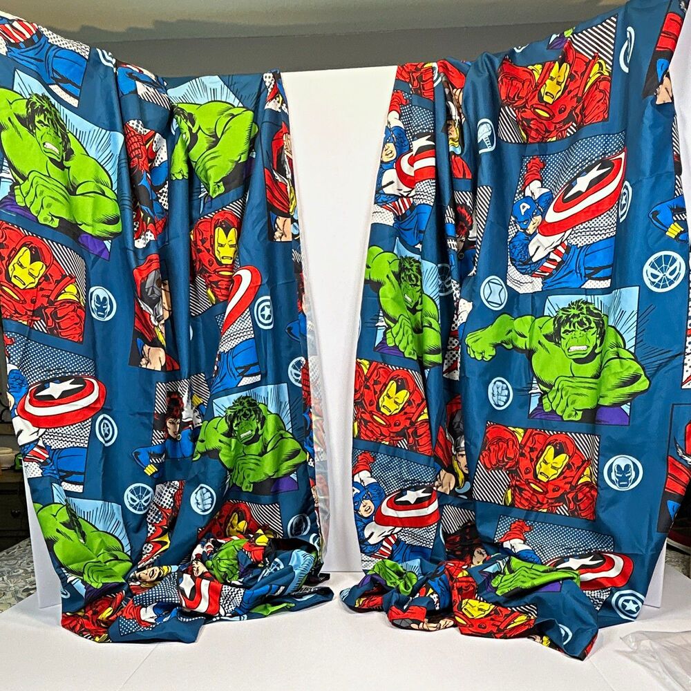 Marvel Avengers Comic Book Heroes Curtain Set of 2 with Rod Pockets Blue 41x84